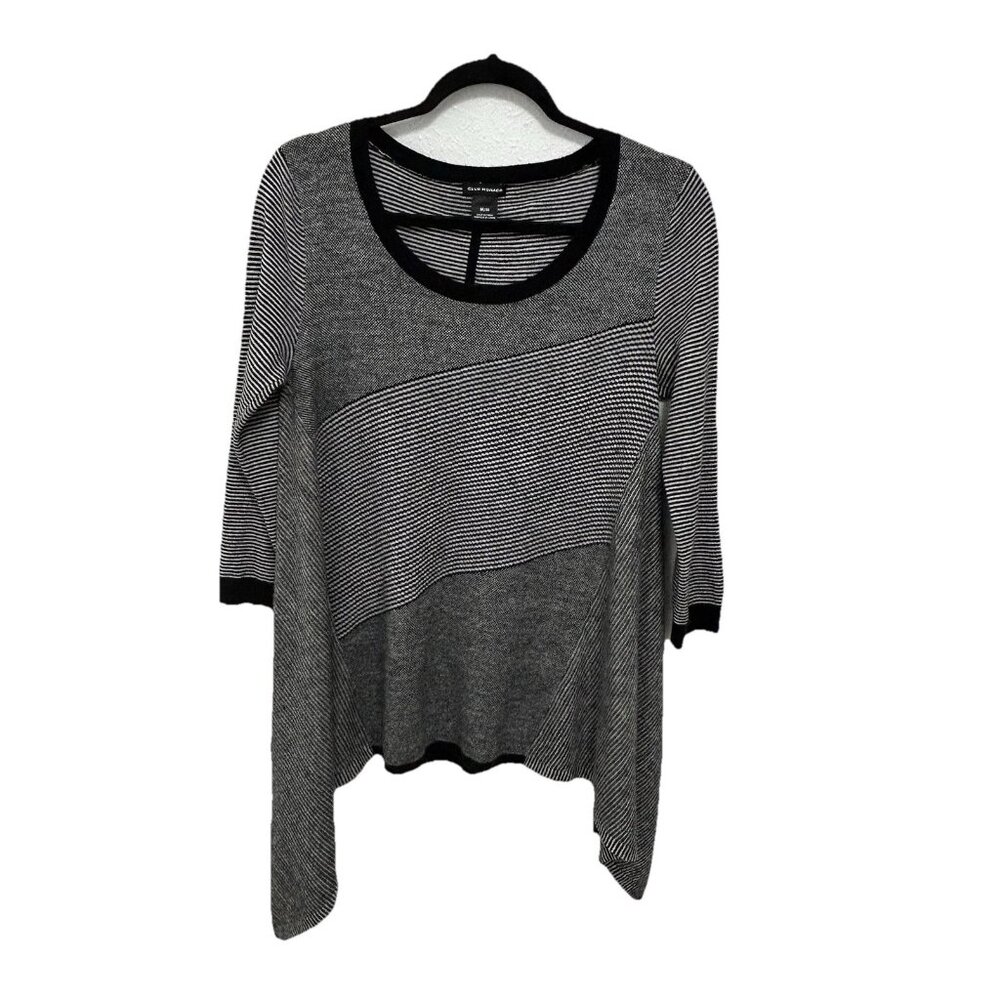 Club Monaco Wool Blend Asymmetrical Black White 3/4 Sleeve Knit Sweater Top Sz M